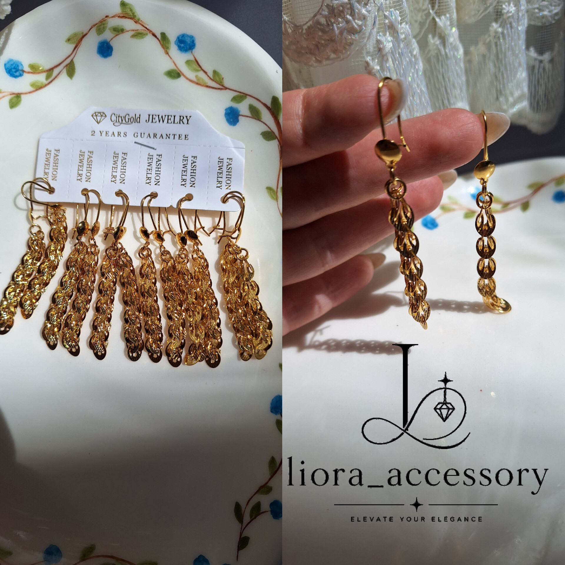 -گوشواره آویز طلایی برند CityGold - گوشواره برنجی رنگ ثابت طرح خوشه‌ای با ضمانت ۲ ساله لیورا